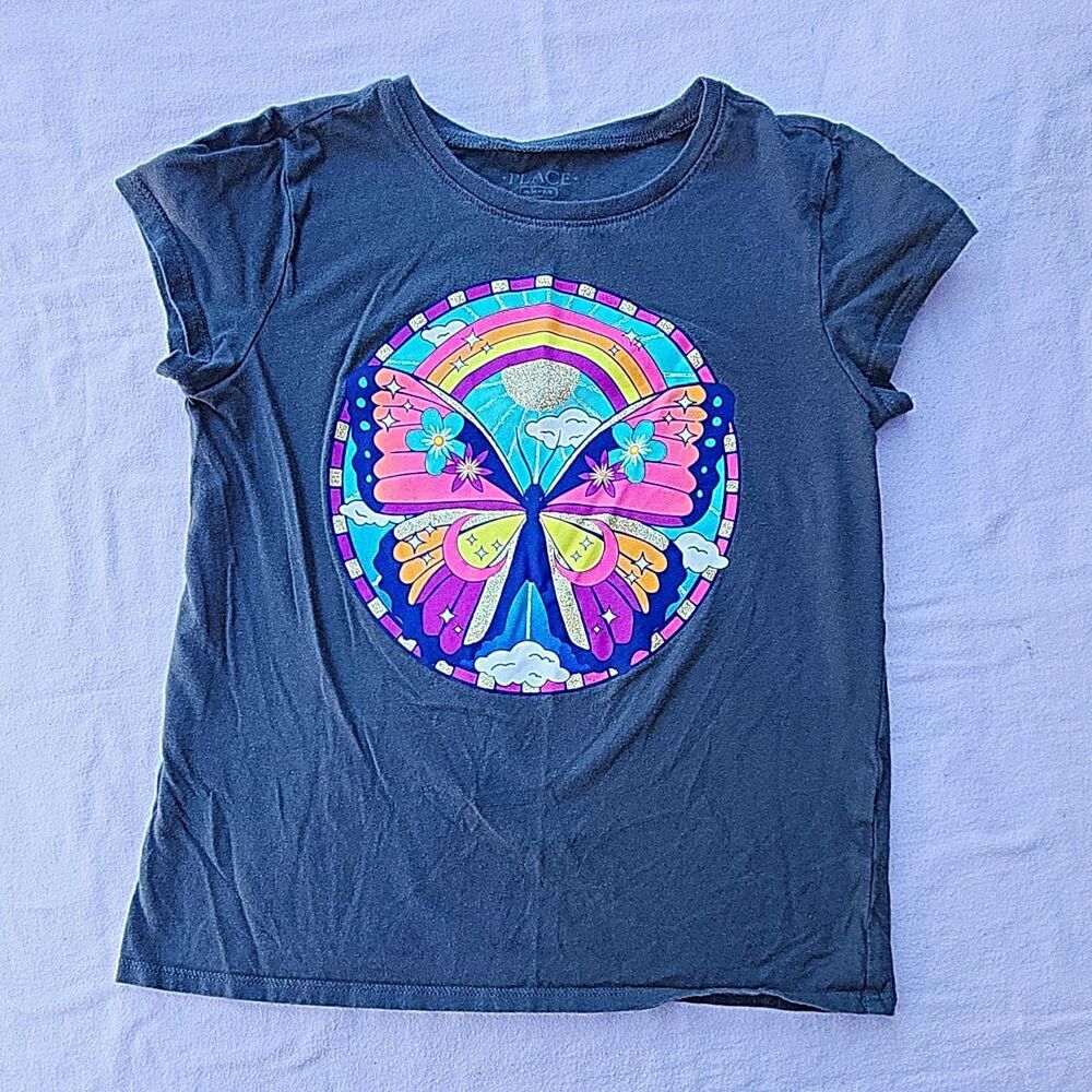 The Children's Place Girls 7-8 Gray Butterfly Rainbow Glitter Graphic Tee